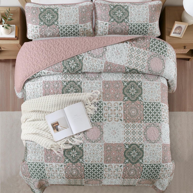 Dobuyly Boho Patchwork Quilt Set Queen Size, Blush Pink/Grey Plaid Bedspread Coverlet Set, 3 Pieces Soft Lightweight Farmhouse Quilt Bedding Set for All Seasons 96"x90" - Image 3