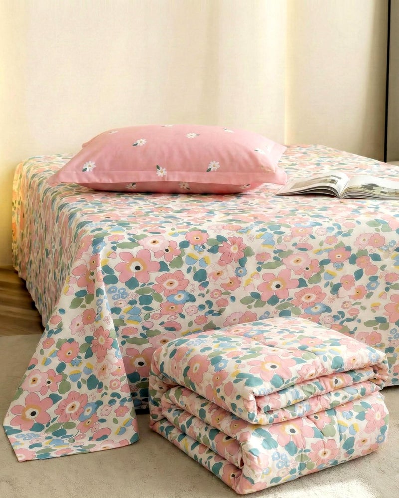 LOOMLYFE 300 TC All Season King Size AC Comforter || Blanket || Duvet for Double Bed with 1 Flat Bedsheet and 2 Large Pillow Covers - 4 Piece Comforter Set - PinkFlower - Image 2