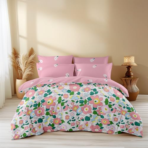 LOOMLYFE 300 TC All Season King Size AC Comforter || Blanket || Duvet for Double Bed with 1 Flat Bedsheet and 2 Large Pillow Covers - 4 Piece Comforter Set - PinkFlower - Image 1