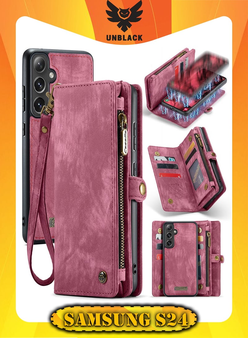 CaseMe Protective Phone Cover Case Wallet Case For Samsung Galaxy S24, 2 in 1 Detachable Premium Leather Magnetic Zipper Pouch Wristlet Flip Phone Case (Red) - Image 1