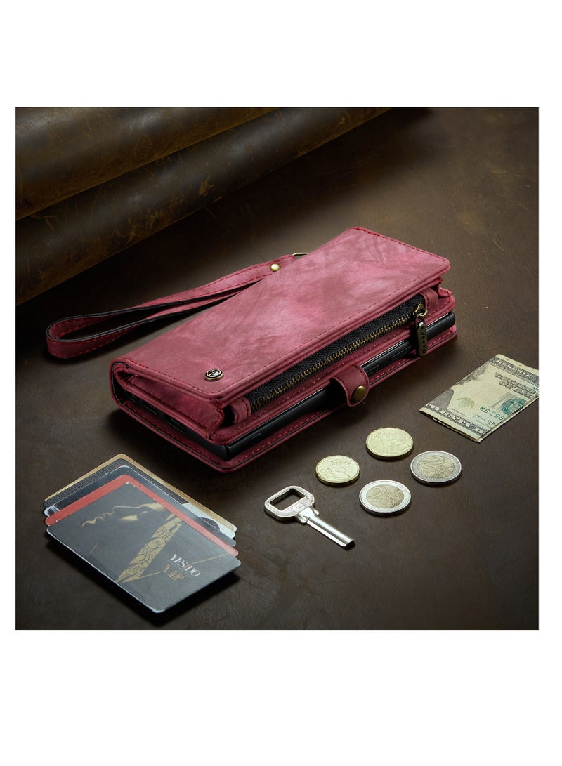 CaseMe Protective Phone Cover Case Wallet Case For Samsung Galaxy S24, 2 in 1 Detachable Premium Leather Magnetic Zipper Pouch Wristlet Flip Phone Case (Red) - Image 3