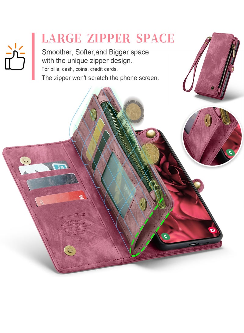 CaseMe Protective Phone Cover Case Wallet Case For Samsung Galaxy S24, 2 in 1 Detachable Premium Leather Magnetic Zipper Pouch Wristlet Flip Phone Case (Red) - Image 5