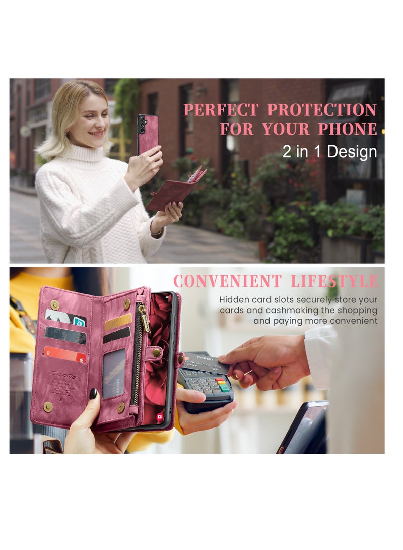 CaseMe Protective Phone Cover Case Wallet Case For Samsung Galaxy S24, 2 in 1 Detachable Premium Leather Magnetic Zipper Pouch Wristlet Flip Phone Case (Red) - Image 4
