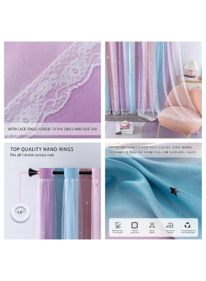 Dream Star Blackout Curtains Double Layer Girl Princess Curtain for Daughter Bedroom Living Room Window Pink Purple 132W x 160L cm - Image 5