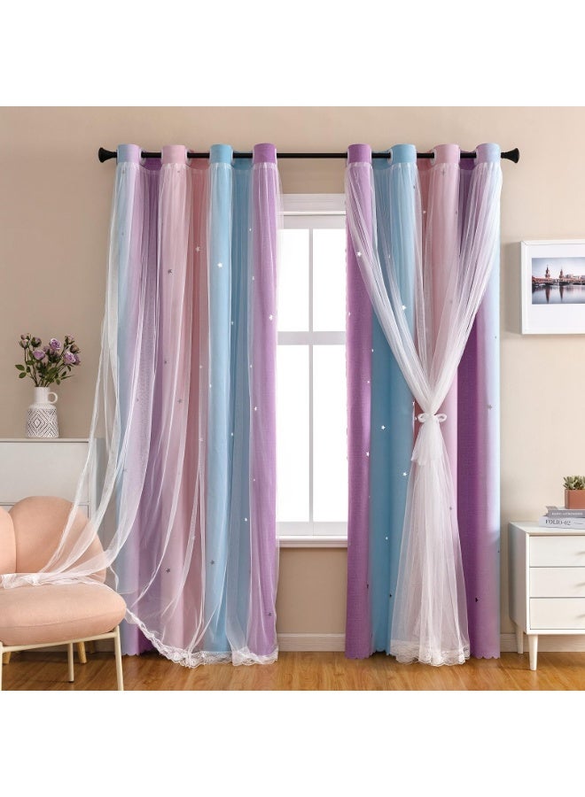 Dream Star Blackout Curtains Double Layer Girl Princess Curtain for Daughter Bedroom Living Room Window Pink Purple 132W x 160L cm