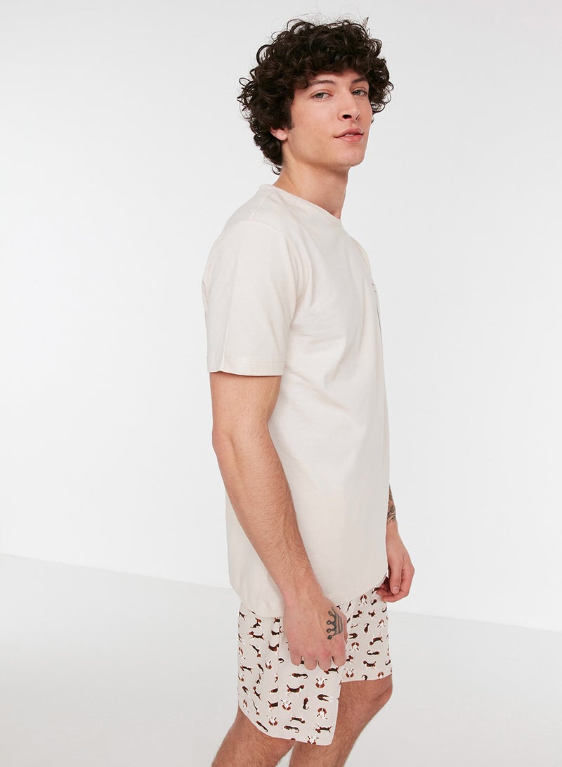 trendyol Beige Dog Pattern Sleepwear Set with Regular Fit Shorts - 100% Cotton Thmss21Pt0324 - Image 3