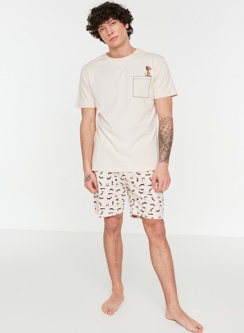 trendyol Beige Dog Pattern Sleepwear Set with Regular Fit Shorts - 100% Cotton Thmss21Pt0324 - Image 2