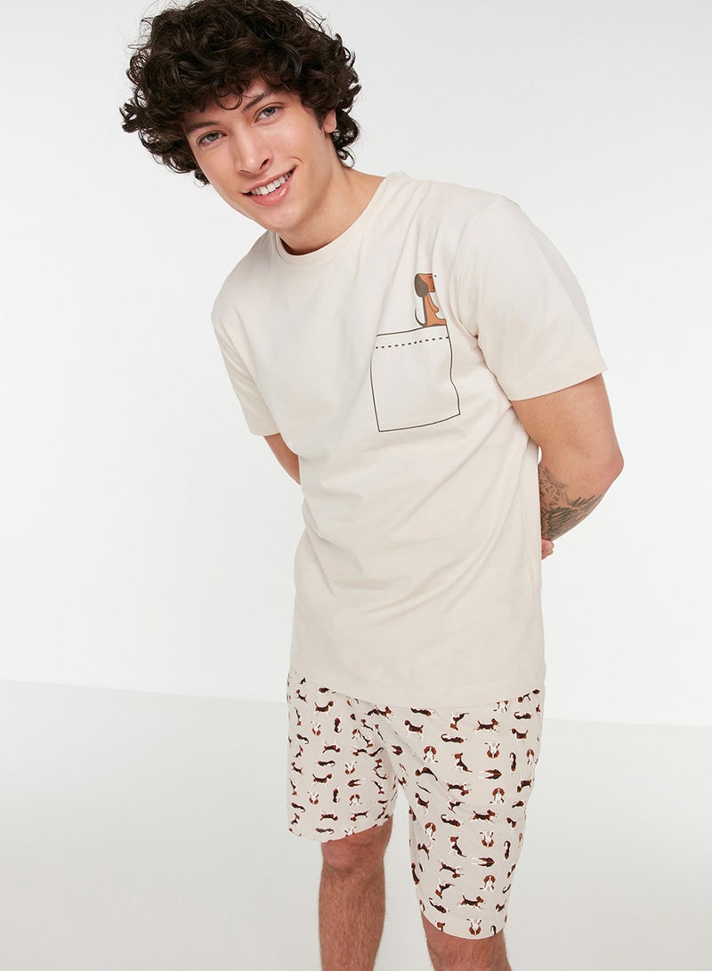 trendyol Beige Dog Pattern Sleepwear Set with Regular Fit Shorts - 100% Cotton Thmss21Pt0324 - Image 1
