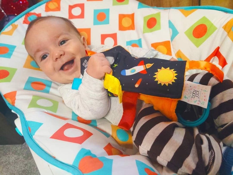 The Learning Lovey Baby Sensory, Security & Teething Closed Ribbon Tag Lovey Blanket with Minky Dot Fabric: 14X18 (Outer Space) - Image 4