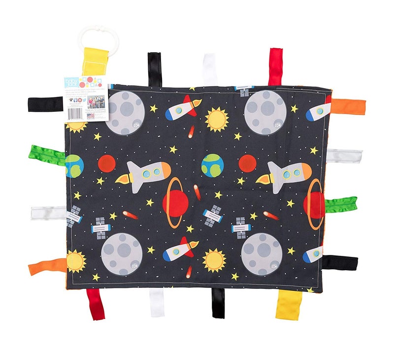 The Learning Lovey Baby Sensory, Security & Teething Closed Ribbon Tag Lovey Blanket with Minky Dot Fabric: 14X18 (Outer Space) - Image 1