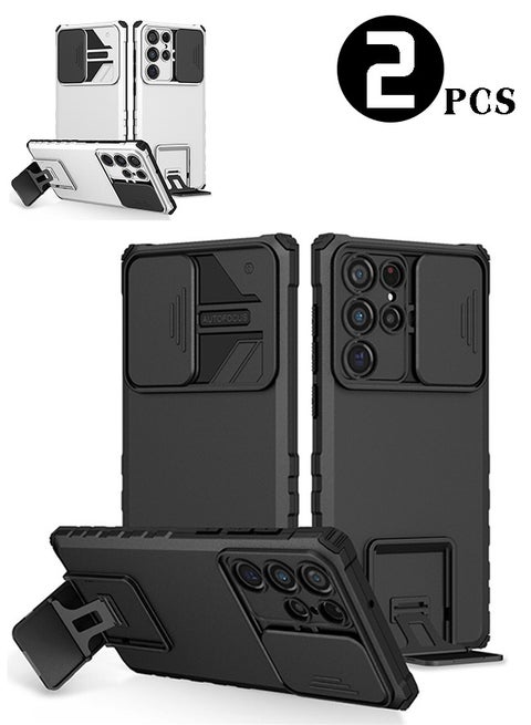 2PCS TPU Tough PC Cover For Samsung Galaxy S24 Ultra Slide Camera Kickstand, Military Shockproof Protective Phone Case  (Black and White)