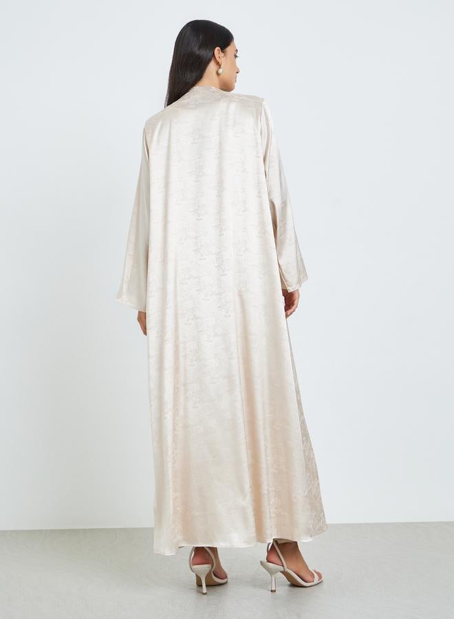 Amirah Beige Front Open Jacquard Abaya - Image 4