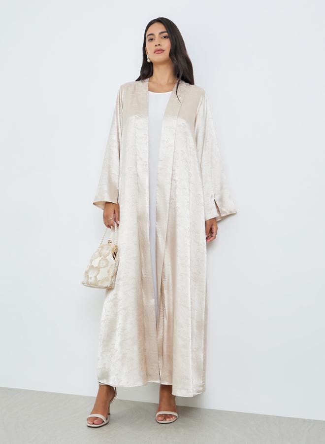 Amirah Beige Front Open Jacquard Abaya - Image 1
