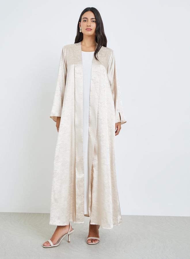 Amirah Beige Front Open Jacquard Abaya - Image 3