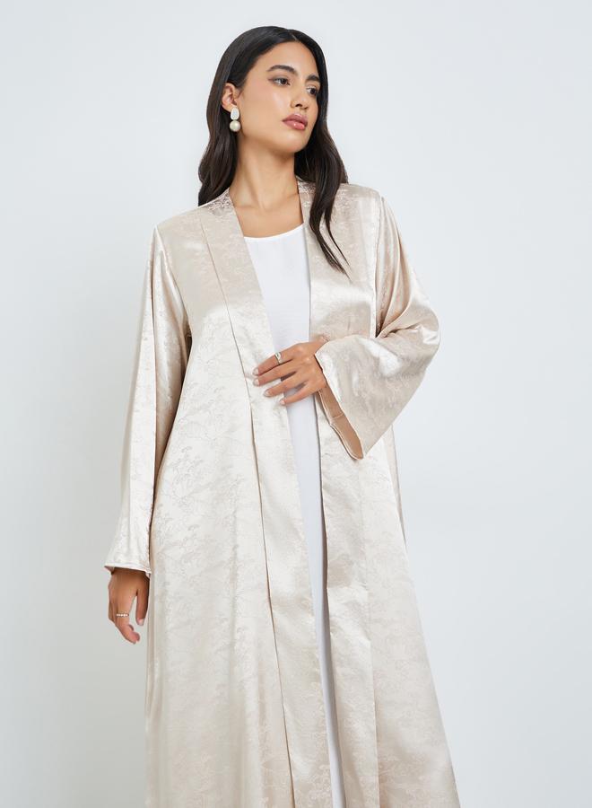 Amirah Beige Front Open Jacquard Abaya - Image 2