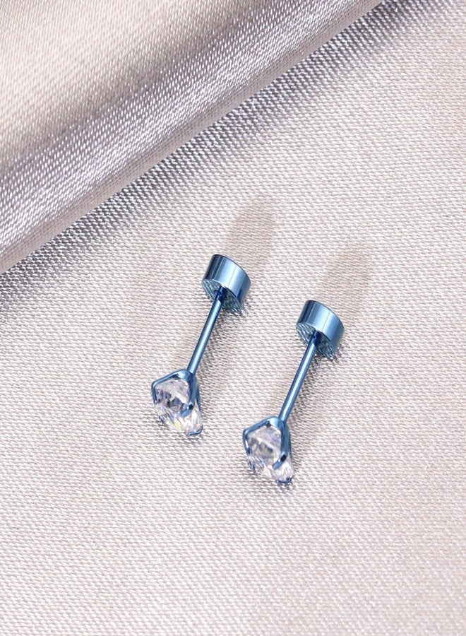 ZDE Women Flatback Earrings Cubic Zirconia Titanium Stud Earrings Flat Back CZ Hypoallergenic Cartilage Earring Tragus Helix Conch Piercing (Blue, 5MM) - Image 4
