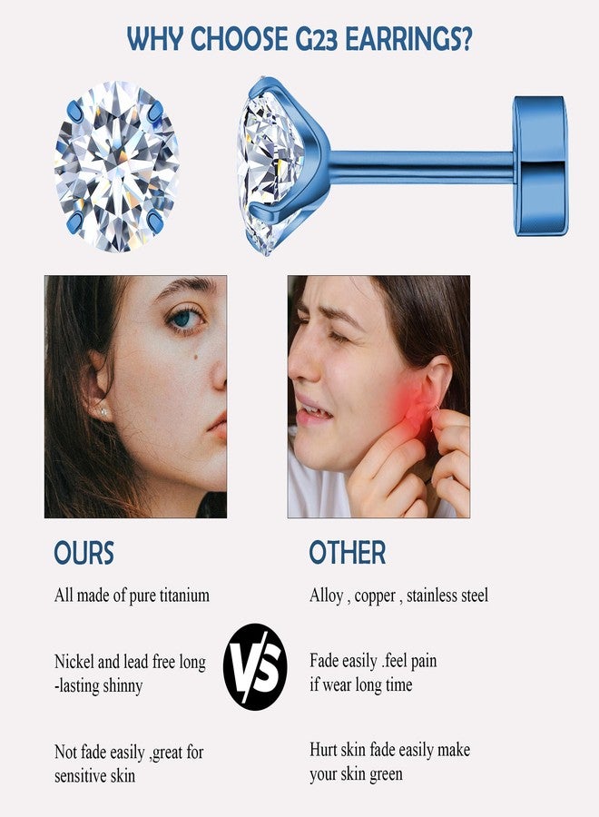 ZDE Women Flatback Earrings Cubic Zirconia Titanium Stud Earrings Flat Back CZ Hypoallergenic Cartilage Earring Tragus Helix Conch Piercing (Blue, 5MM) - Image 3