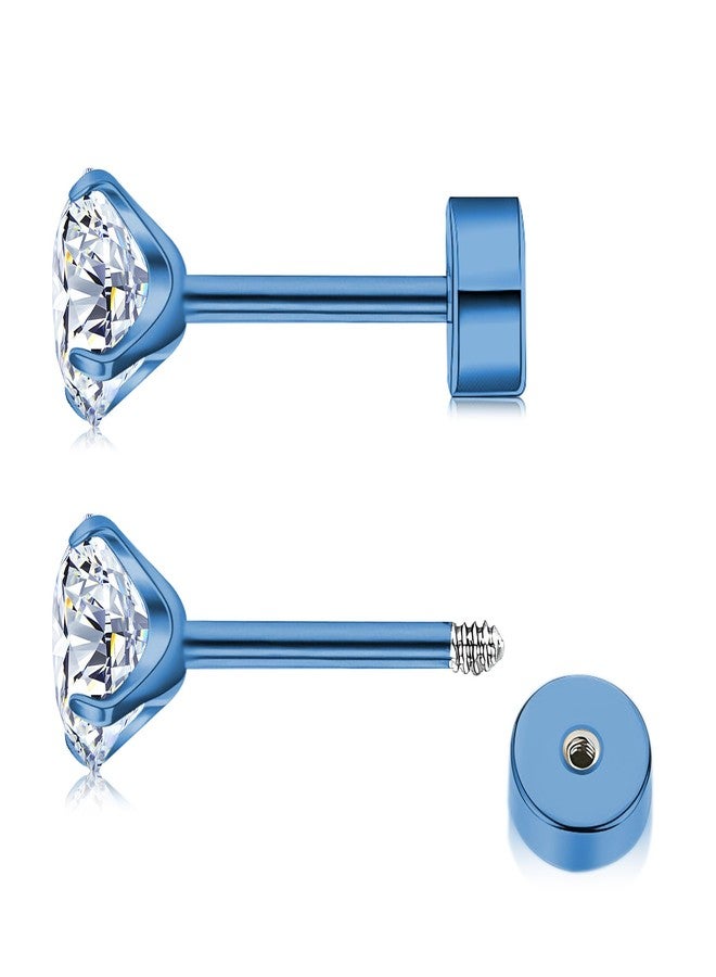 ZDE Women Flatback Earrings Cubic Zirconia Titanium Stud Earrings Flat Back CZ Hypoallergenic Cartilage Earring Tragus Helix Conch Piercing (Blue, 5MM) - Image 1