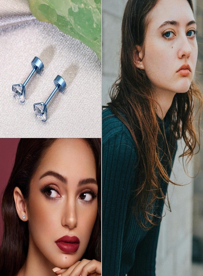ZDE Women Flatback Earrings Cubic Zirconia Titanium Stud Earrings Flat Back CZ Hypoallergenic Cartilage Earring Tragus Helix Conch Piercing (Blue, 5MM) - Image 5