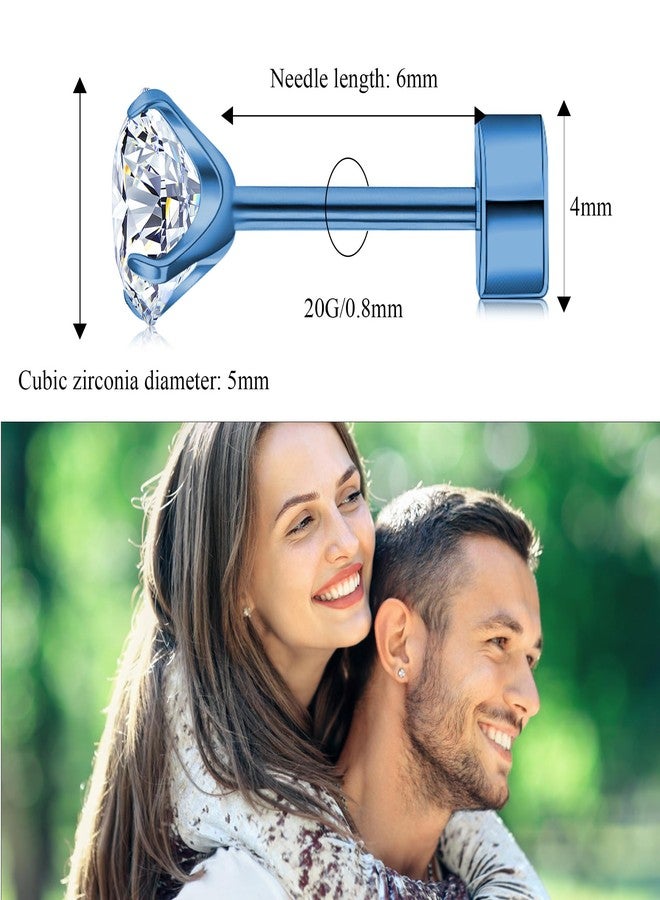 ZDE Women Flatback Earrings Cubic Zirconia Titanium Stud Earrings Flat Back CZ Hypoallergenic Cartilage Earring Tragus Helix Conch Piercing (Blue, 5MM) - Image 2