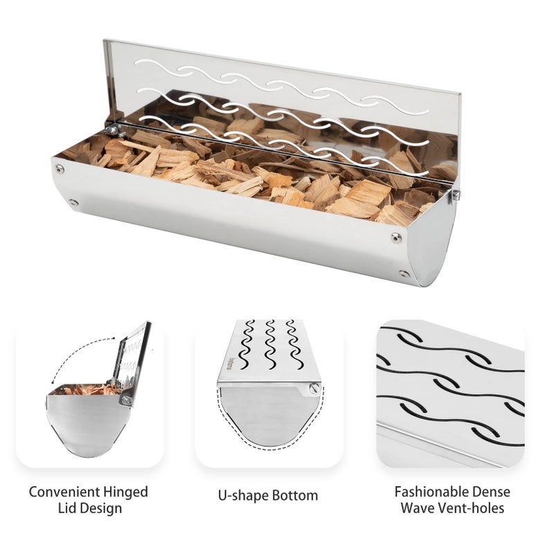 Skyflame Stainless Steel Smoker Box for Wood/Smoking Chips, Universal Barbecue Meat Smoking with Large Wavy Vent and Hinged Lid, Compact Size for Gas BBQ Grill Smoky Grilling, V-Shape - Image 3