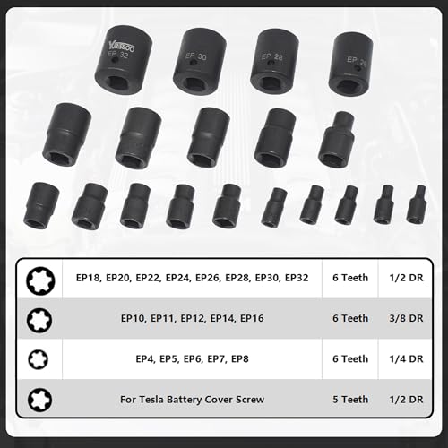 Yuesstloo Torx Plus Socket Set, External Torx Plus 6 Point EP Socket EP4 - EP32 19Pcs With 1/2'' 3/8'' 1/4'' Dr, Replacement for E-TORX Socket Set, Works with Most Cars and Tesla - Image 2
