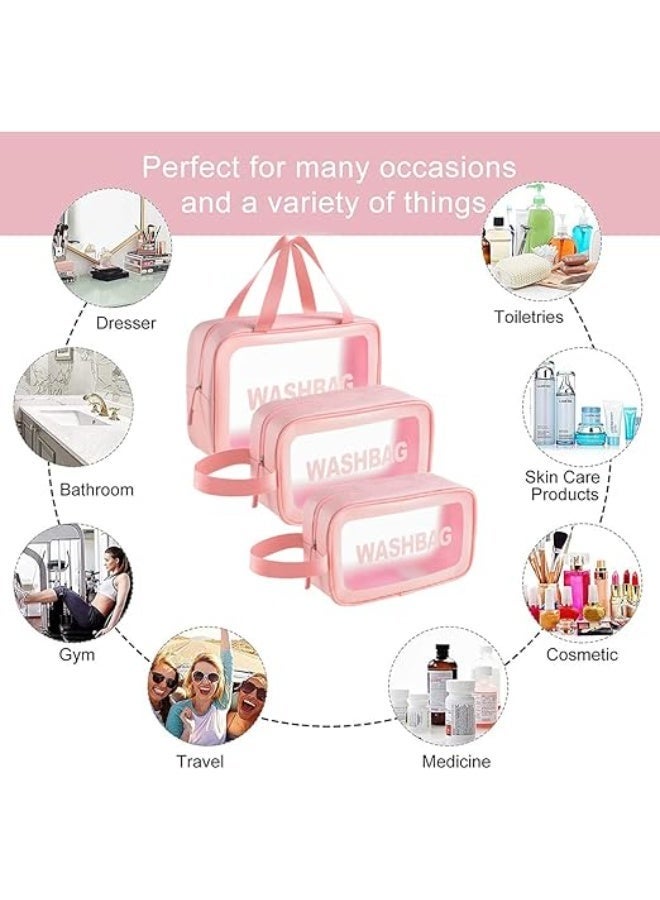 حقائب أدوات التجميل - حقيبة غسيل مستحضرات تجميل مقاومة للماء بسحاب للنساء والفتيات، 3 قطع، إكسسوارات للسفر والعطلات، مصنوعة من بلاستيك PVC وجلد البولي يوريثان الصديق للبيئة، شفافة - Image 3