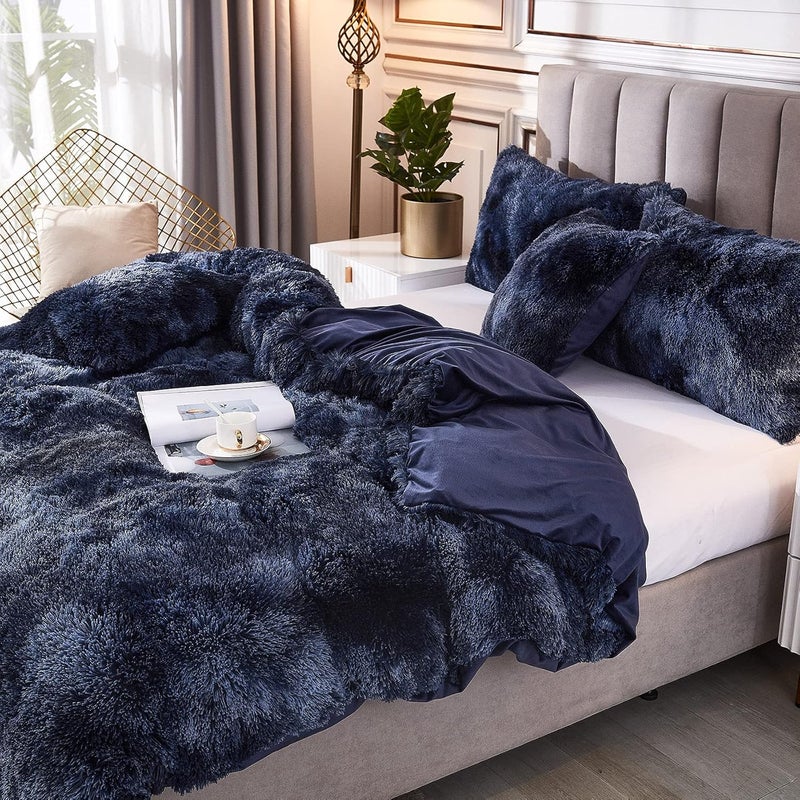 Uhamho Tie Dye Printed Faux Fur Bedding Set Modern Abstract Shaggy Plush Duvet Cover with Pillow Shams, Ultra Soft Warm (Queen, Tie Dye Navy) - Image 3
