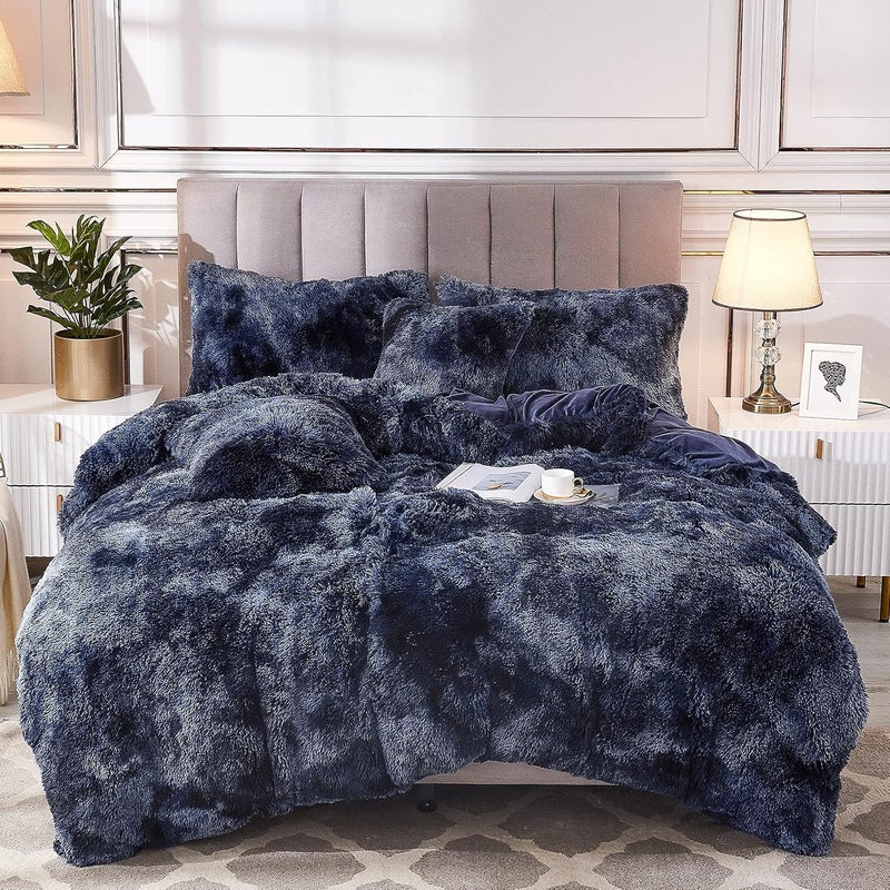 Uhamho Tie Dye Printed Faux Fur Bedding Set Modern Abstract Shaggy Plush Duvet Cover with Pillow Shams, Ultra Soft Warm (Queen, Tie Dye Navy) - Image 1