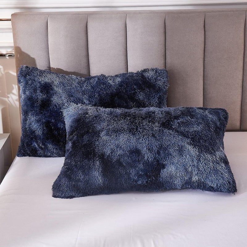 Uhamho Tie Dye Printed Faux Fur Bedding Set Modern Abstract Shaggy Plush Duvet Cover with Pillow Shams, Ultra Soft Warm (Queen, Tie Dye Navy) - Image 4