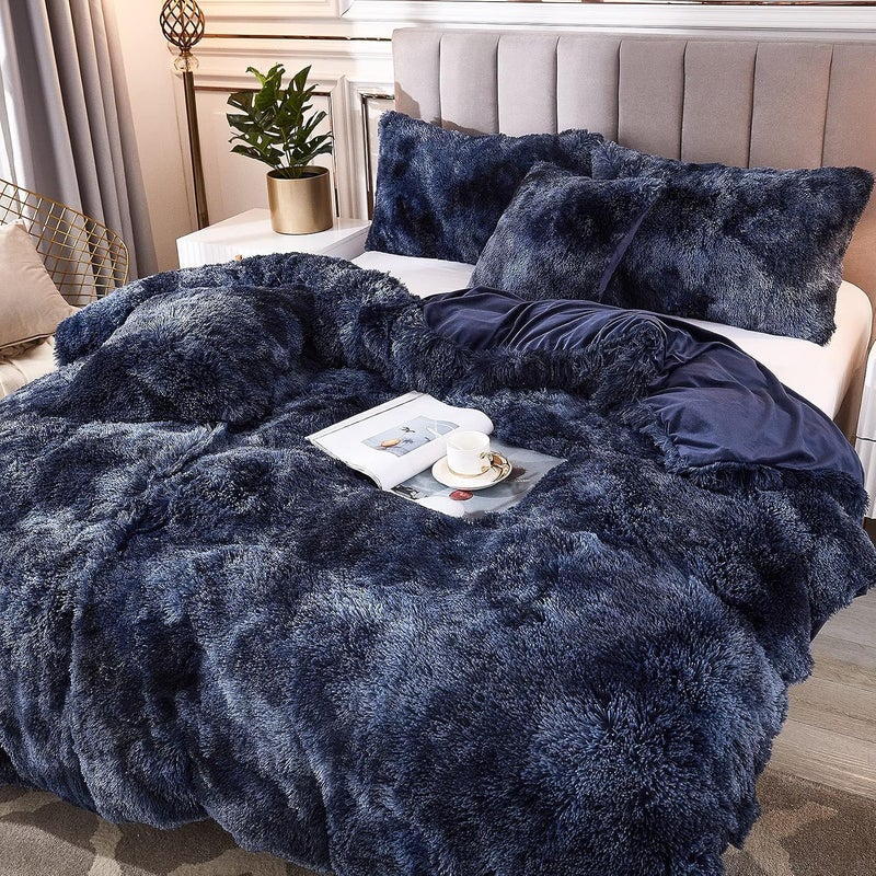 Uhamho Tie Dye Printed Faux Fur Bedding Set Modern Abstract Shaggy Plush Duvet Cover with Pillow Shams, Ultra Soft Warm (Queen, Tie Dye Navy) - Image 2