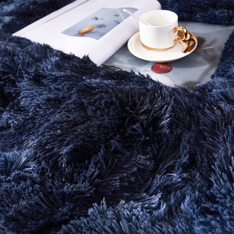 Uhamho Tie Dye Printed Faux Fur Bedding Set Modern Abstract Shaggy Plush Duvet Cover with Pillow Shams, Ultra Soft Warm (Queen, Tie Dye Navy) - Image 5