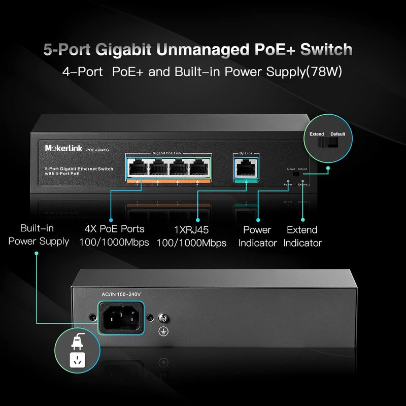 MokerLink محول بخمس منافذ جيجابت مزود بتقنية PoE، مع 4 منافذ PoE+ بسرعة 1000 ميجابت في الثانية، 78 واط IEEE802.3af/at، غير مُدار يعمل بالإعداد الفوري، هيكل معدني متين بدون مروحة - Image 2