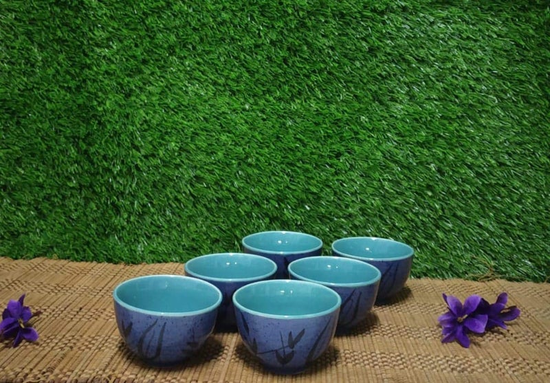 Caffeine Ceramic Handmade Blue Bamboo Dessert Bowl (Set of 6) - Image 1