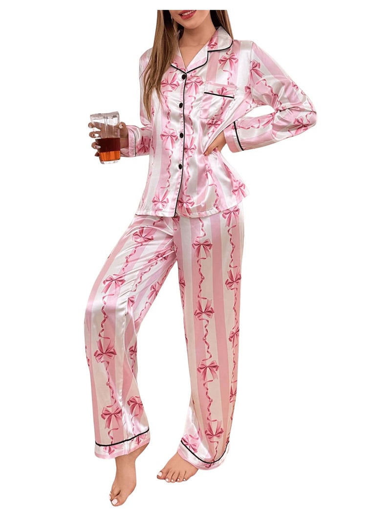 WDIRARA Women's 2 Piece Bowknot Print Satin Pajama Set Long Sleeve Button Down Lounge Pants Sleepwear Sets Pink White Small - Image 1