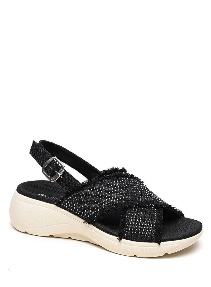 كابلي صندل مريح بكعب منخفض وتصميم خلفي مع أحزمة مرصعة بالكريستال