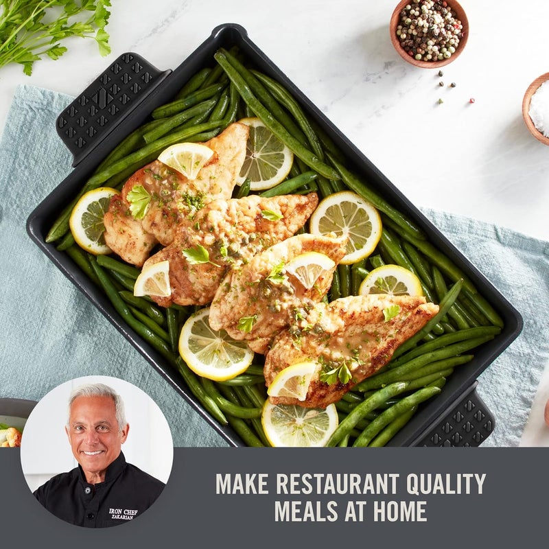 Dash Zakarian by 9"x13" Nonstick Cast Iron Pan with Pour Spout and Removable Silicone Grips for Searing, Baking, Broiling, Grilling and more- Black - Image 3