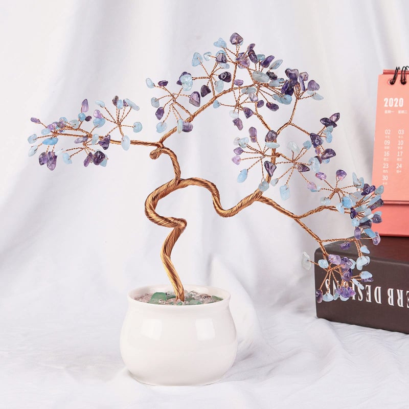 mookaitedecor Amethyst & Aquamarine Crystal Money Tree with Ceramic Base Bonsai Feng Shui Tree Ornament for Office Home Decor  8-9.5 Inch - Image 3