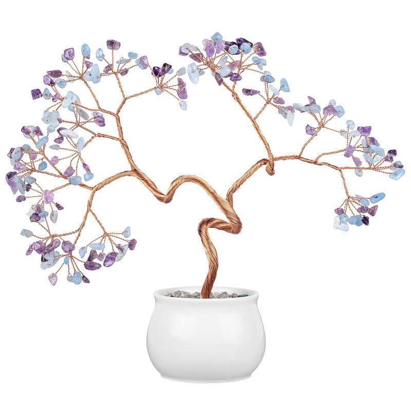 mookaitedecor Amethyst & Aquamarine Crystal Money Tree with Ceramic Base Bonsai Feng Shui Tree Ornament for Office Home Decor  8-9.5 Inch - Image 1