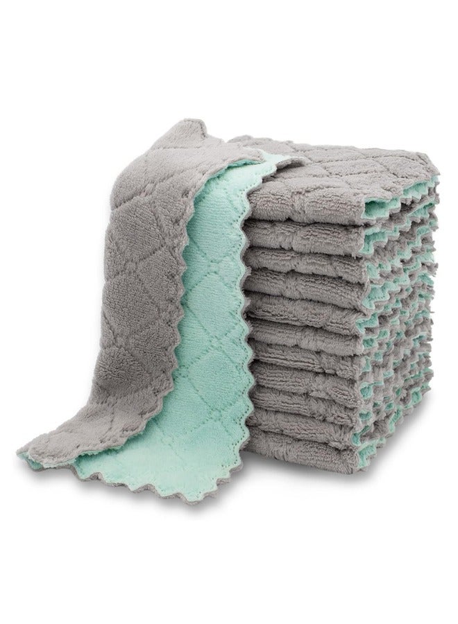Dish Towels, 12pcs Microfiber Cleaning Cloth Absorbent Cloth Glass Cleaning Cloth Rag, Green Gray  - Image 1