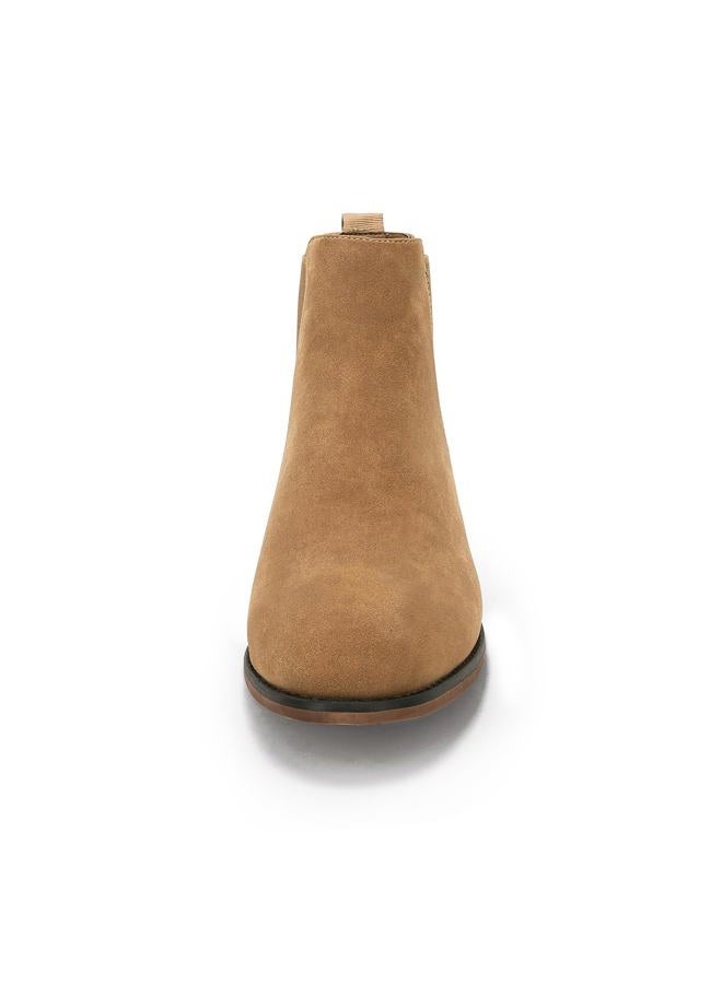 Coutgo Mens Chelsea Boot Slip On Pointed Toe Stacked Low Heel Faux Suede Casual Dress Boot, Camel, 8 - Image 3
