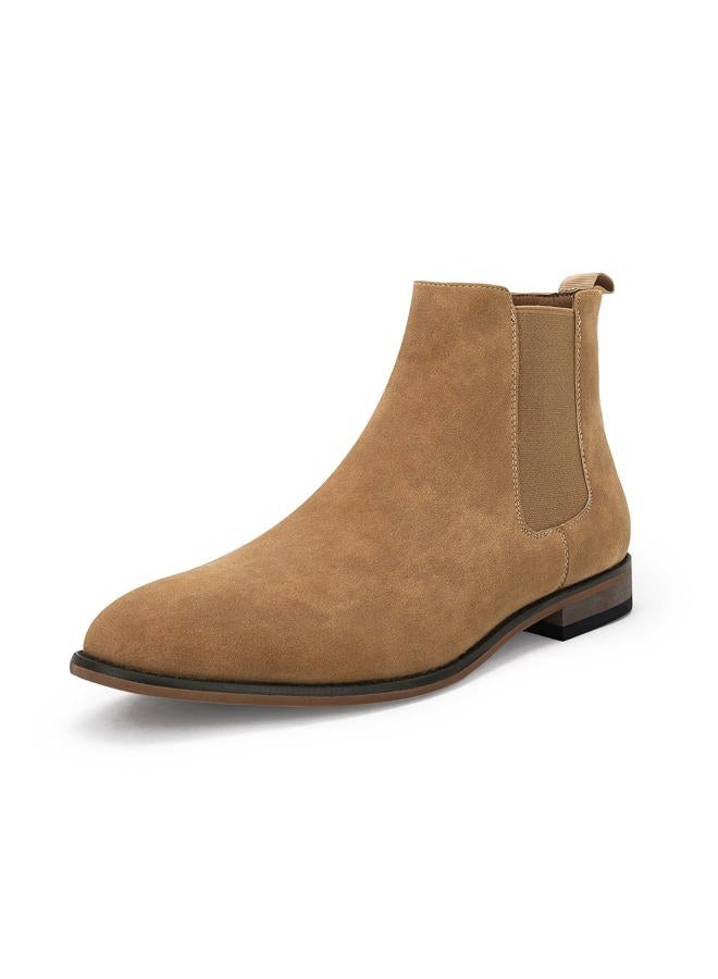 Coutgo Mens Chelsea Boot Slip On Pointed Toe Stacked Low Heel Faux Suede Casual Dress Boot, Camel, 8 - Image 1