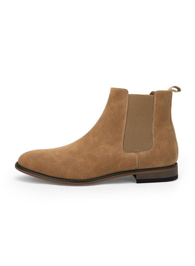 Coutgo Mens Chelsea Boot Slip On Pointed Toe Stacked Low Heel Faux Suede Casual Dress Boot, Camel, 8 - Image 4