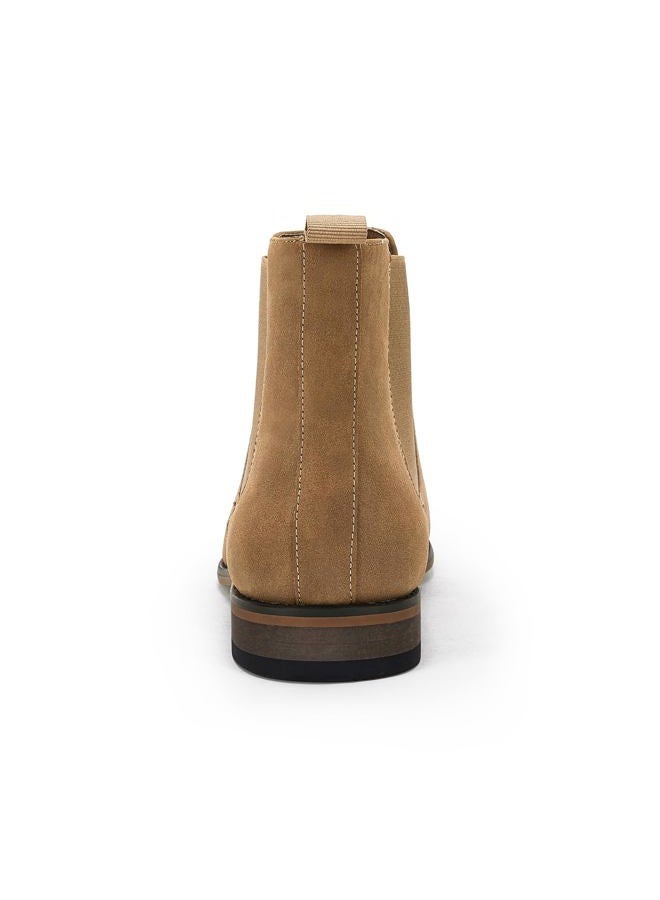 Coutgo Mens Chelsea Boot Slip On Pointed Toe Stacked Low Heel Faux Suede Casual Dress Boot, Camel, 8 - Image 5