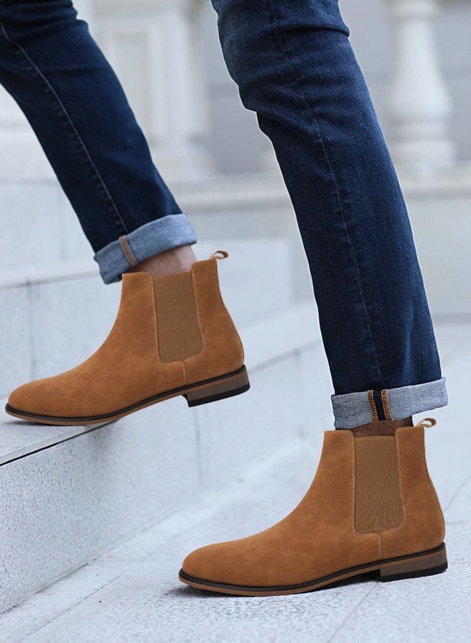 Coutgo Mens Chelsea Boot Slip On Pointed Toe Stacked Low Heel Faux Suede Casual Dress Boot, Camel, 8 - Image 2