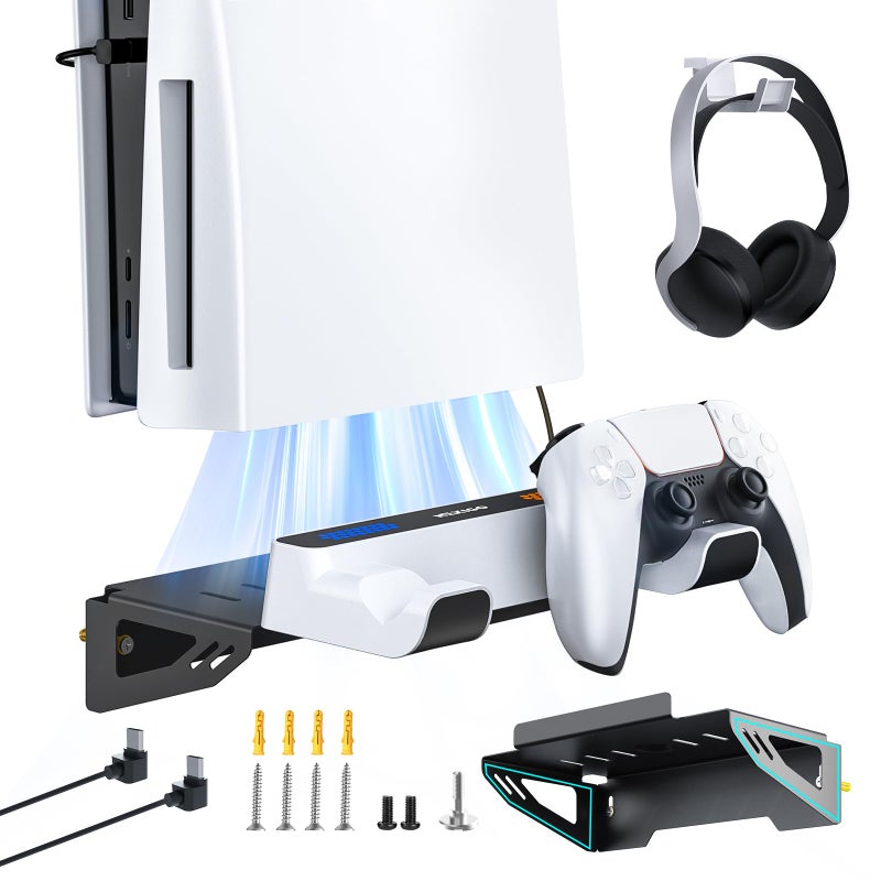 NexiGo Wall Mount Kit with Charging Station for PS5 and PS5 SlimPro Versions Dual Controller Chargers Steel Wall Stand and Headphone Hanger Compatible with PlayStation 5 Disc Digital - Image 2