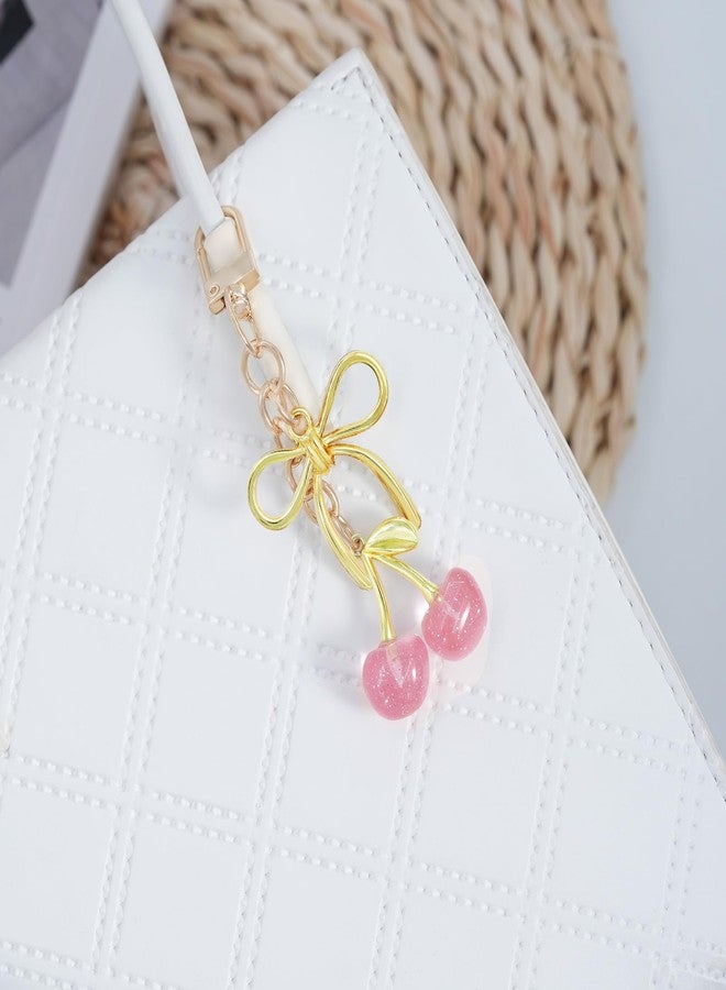 SKYFUN Cherry Keychain Cute Pink Cherry Key Chain for Women Glitter Small Bag Charms Bow Car Keys Accessories Birthday Christmas Gifts, Pink - Image 3