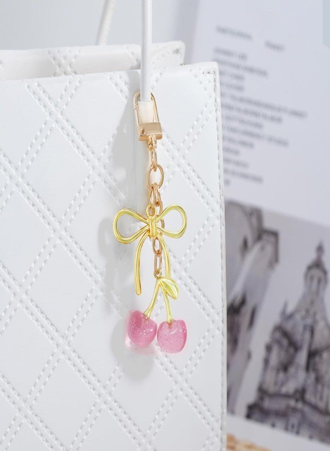 SKYFUN Cherry Keychain Cute Pink Cherry Key Chain for Women Glitter Small Bag Charms Bow Car Keys Accessories Birthday Christmas Gifts, Pink - Image 2