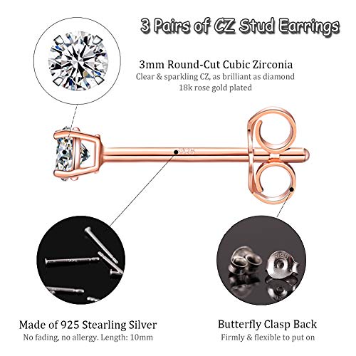EPIRORA Sterling Silver Stud Earrings for Women Men- 3 Pairs 3mm Tiny Ball Stud Earrings Round CZ Earrings Pearl Earrings Set Cartilage Small Tragus Earrings - Image 2