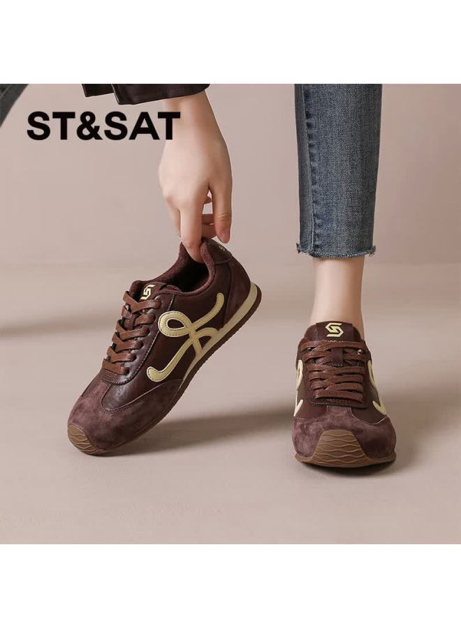 St&sat Comfortable Vintage Lightweight Flat Fleece-lined Derby Shoes For Women Fashionable Commuter Versatile Casual Sneakers Coffee Color Size 37 - Image 1